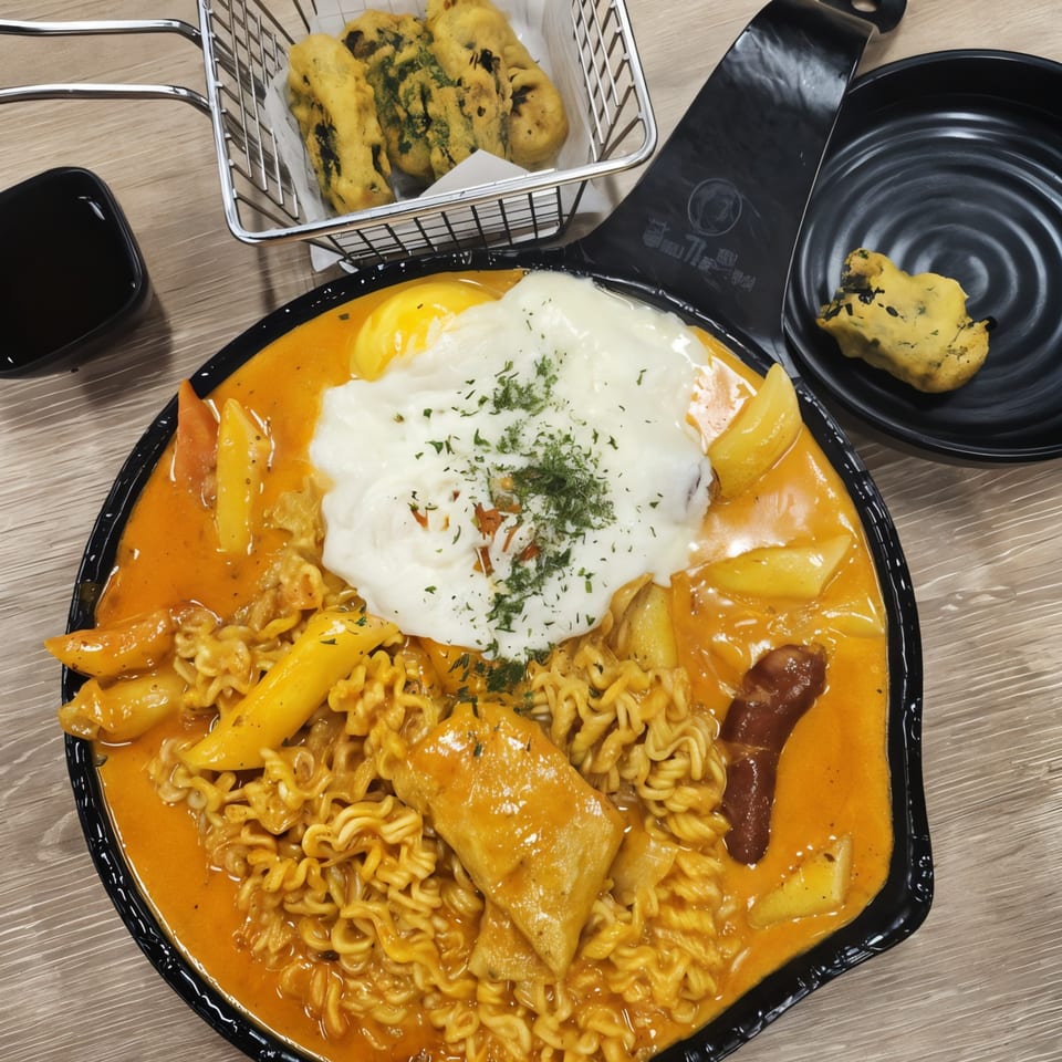 Halgatteok Northridge's Korean ramen and tteokbokki dish with melted cheese and fried sides.