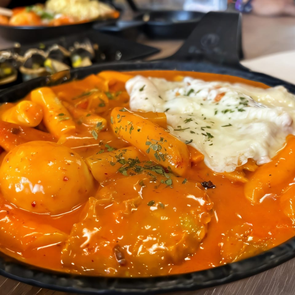 Halgatteok Northridge's tteokbokki with sausages, boiled eggs, and melted cheese in a black pan.