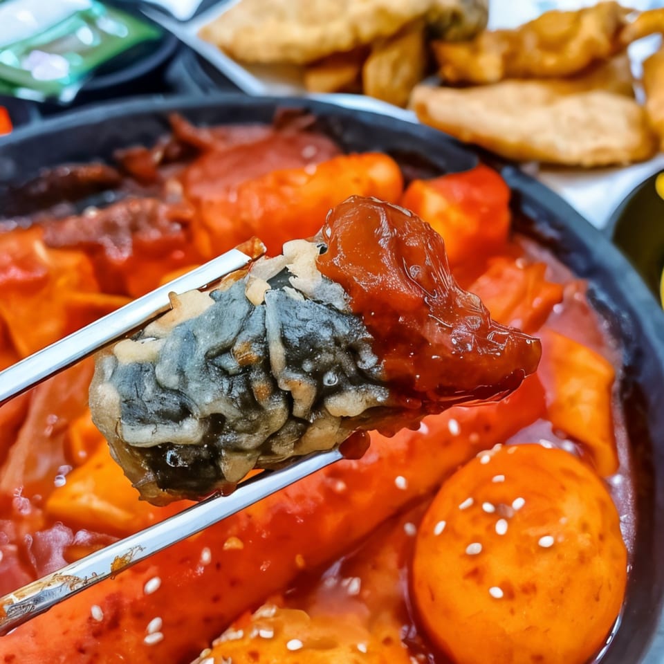 Chopsticks holding a fried seaweed roll dipped in spicy red tteokbokki sauce with rice cakes.
