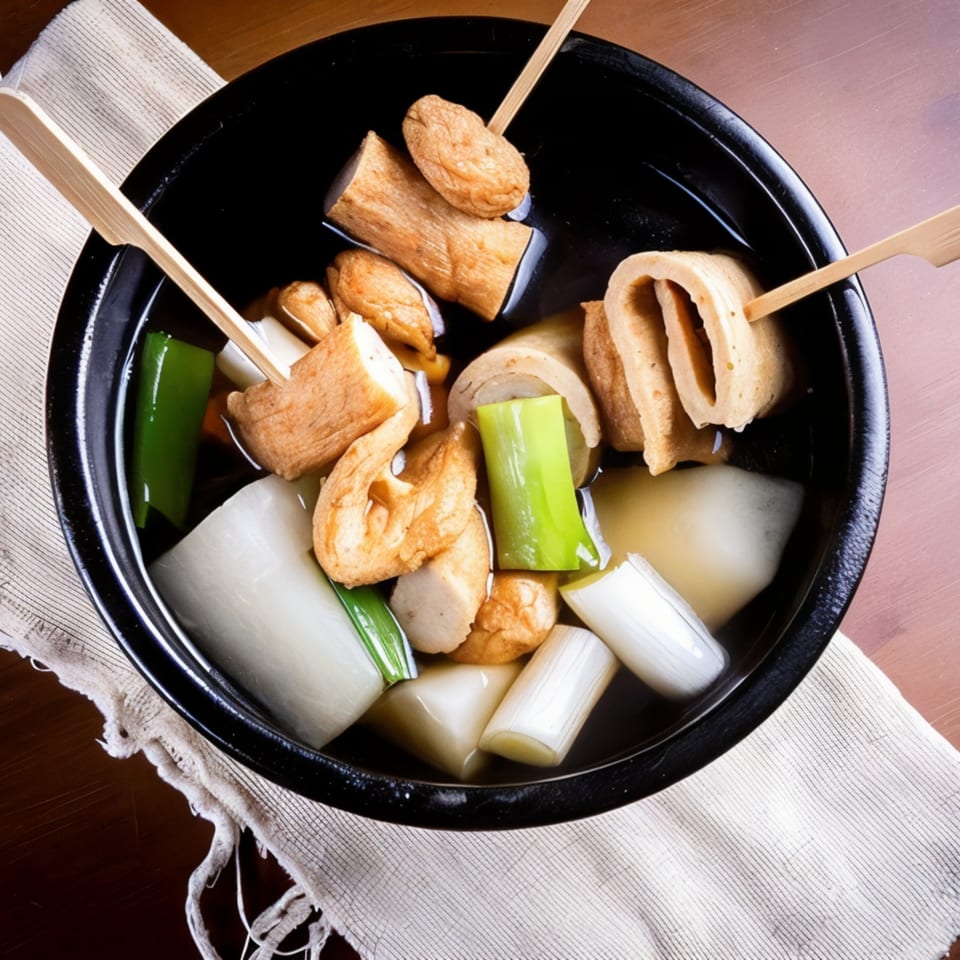 A black bowl of Korean fish cake soup with skewers, green onions, and daikon radish.