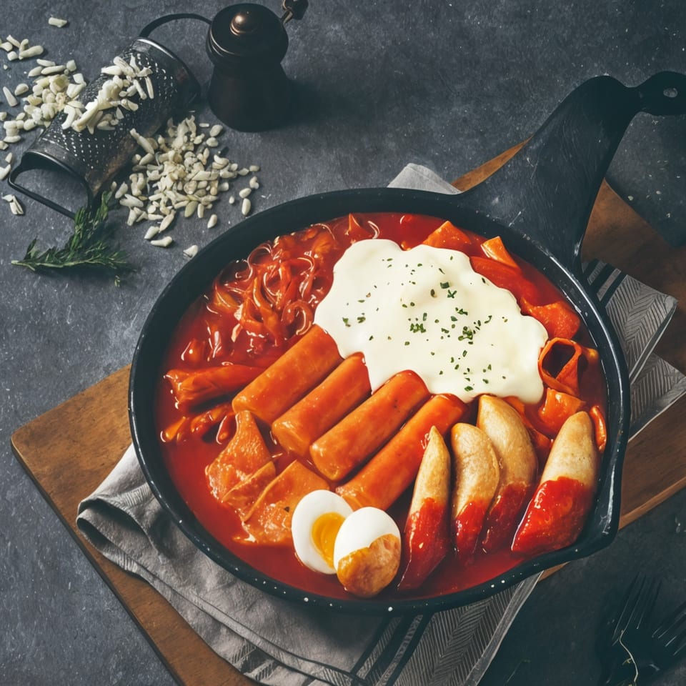 A black pan of Halgatteok Northridge's Korean tteokbokki with cheese, sausages, and a boiled egg.