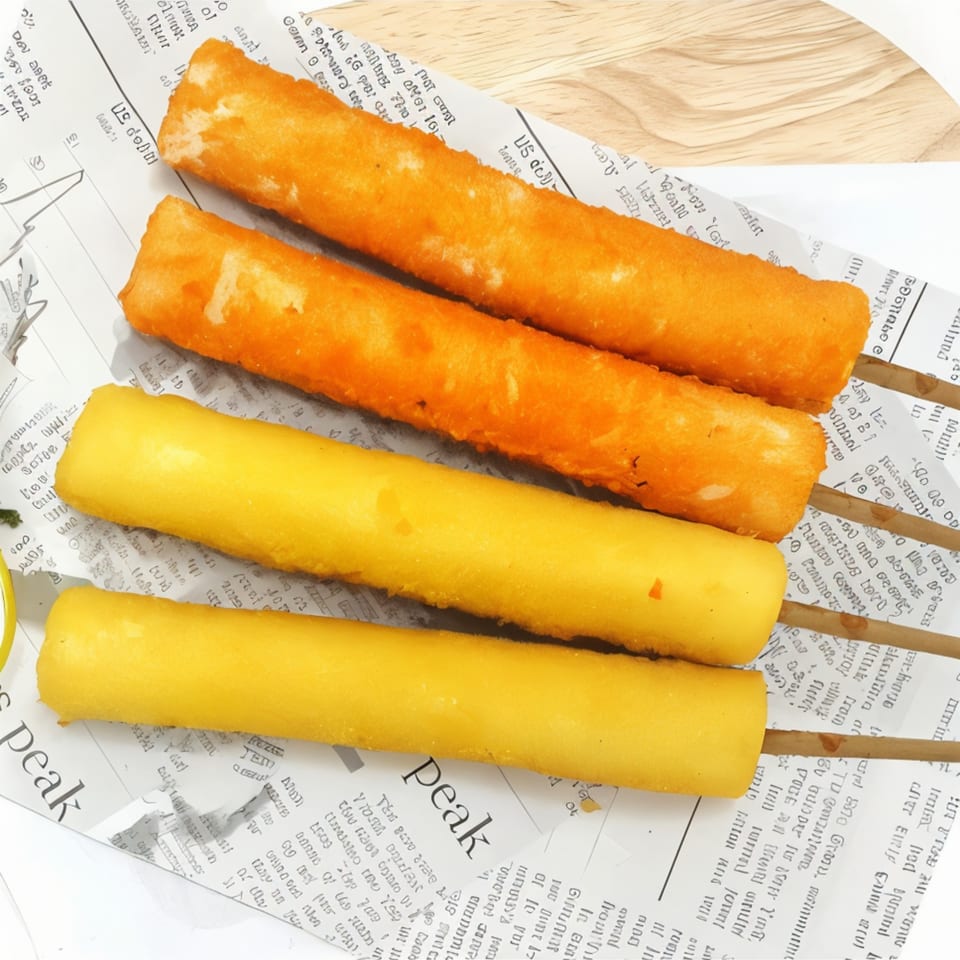Four Korean corn dogs, two orange and two yellow, on skewers over newspaper.